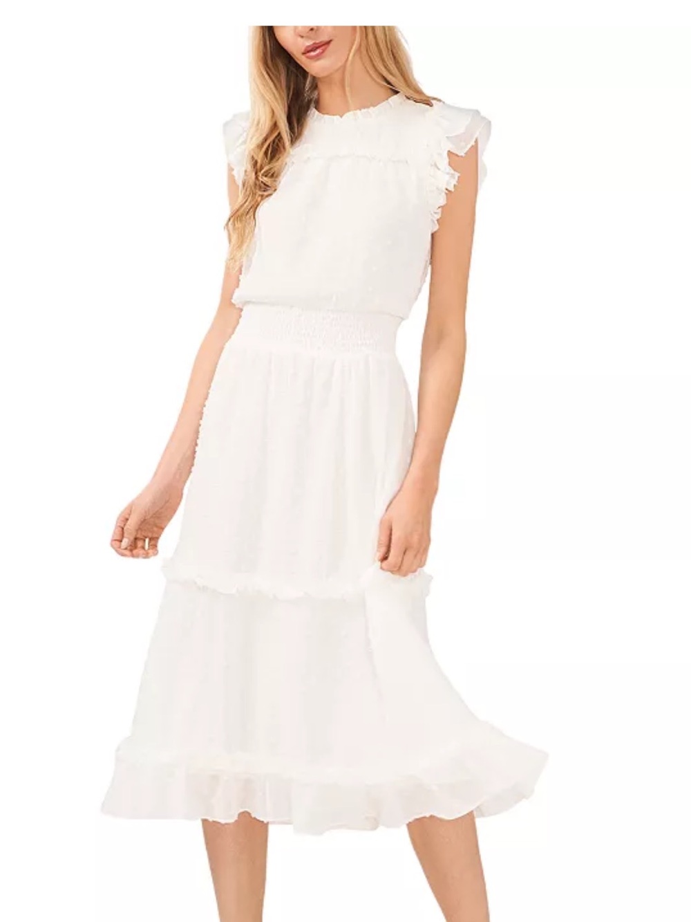 CeCe White Ruffle Swiss Dot Midi Dress